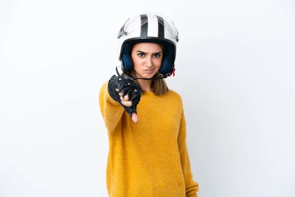 Young Caucasian Woman Motorcycle Helmet Isolated White Background Showing Thumb — ストック写真