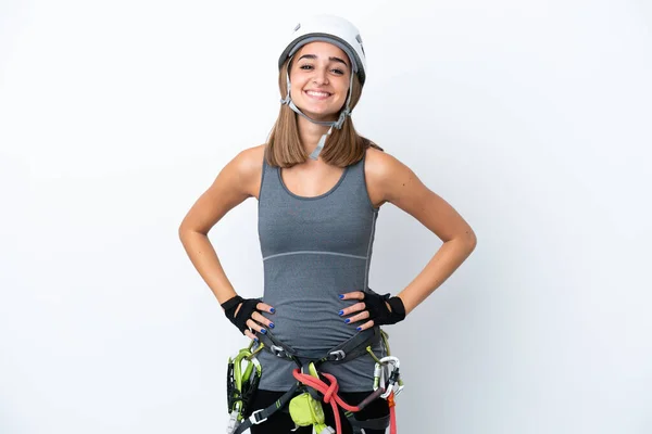 Young Rock Climber Woman Isolated White Background Posing Arms Hip — Stock fotografie