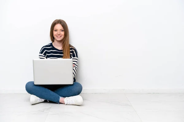 Young Caucasian Woman Laptop Sitting Floor Isolated White Background Keeping — Foto Stock