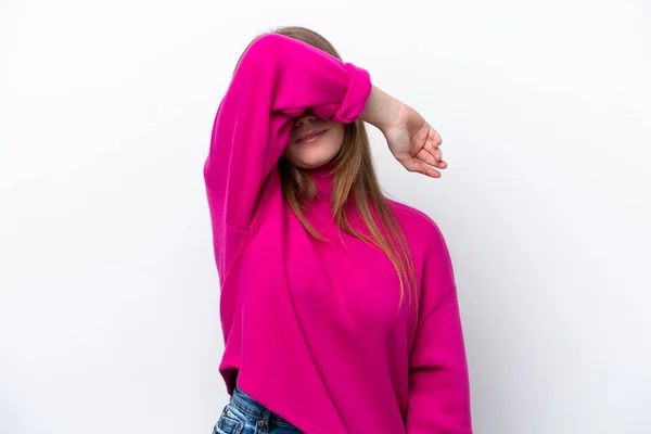 Young Caucasian Woman Isolated White Background Covering Eyes Hands — Stock Photo, Image