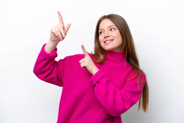 Молода Біла Жінка Ізольована Білому Тлі Вказуючи Індексний Палець Чудова — стокове фото