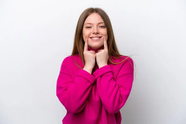 Beyaz Arka Planda Izole Edilmiş Genç Beyaz Kadın Mutlu Hoş — Stok fotoğraf