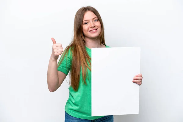 Mladá Běloška Žena Izolované Bílém Pozadí Drží Prázdný Plakát Palcem — Stock fotografie