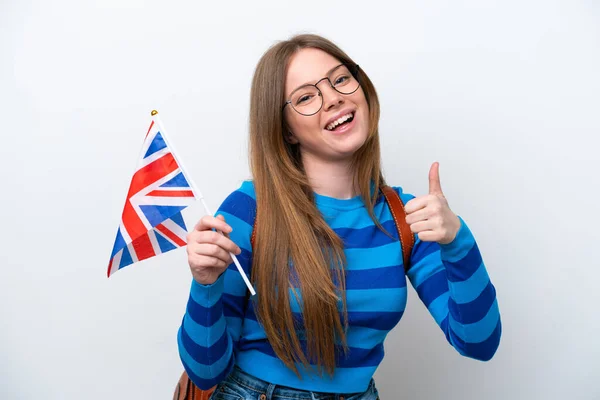 Fiatal Kaukázusi Kezében Egyesült Királyság Zászlót Elszigetelt Fehér Háttérrel Hüvelykujjal — Stock Fotó