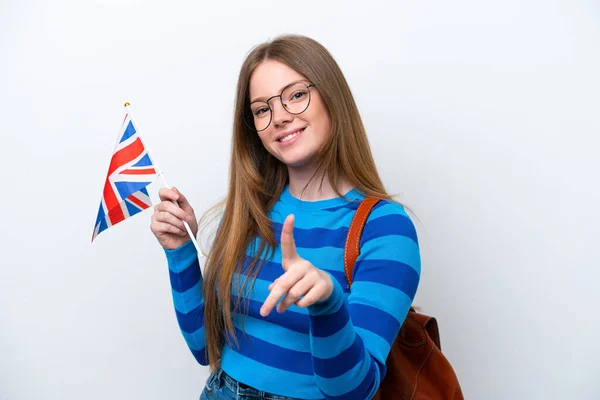 Young Caucasian Woman Holding United Kingdom Flag Isolated White Background — Stock fotografie