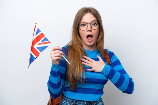 Young Caucasian Woman Holding United Kingdom Flag Isolated White Background — 스톡 사진