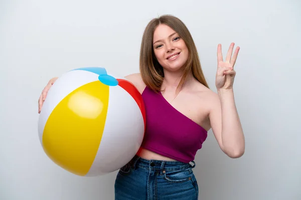 Young Caucasian Woman Holding Beach Ball Isolated White Background Happy — Stockfoto