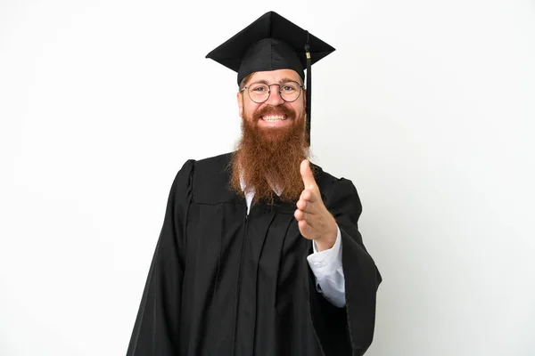 Young University Graduate Reddish Man Isolated White Background Shaking Hands — Fotografia de Stock