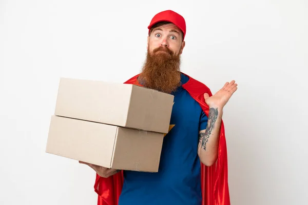 Super Hero Delivery Reddish Man Isolated White Background Having Doubts — Stock fotografie