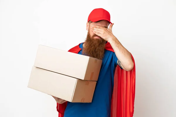 Super Hero Delivery Reddish Man Isolated White Background Covering Eyes — Stock fotografie