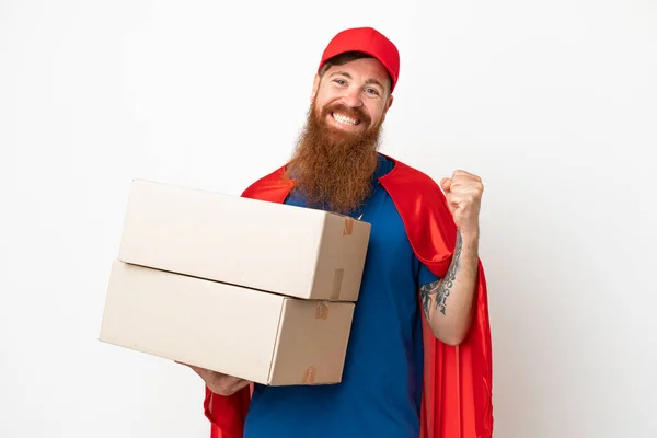 Super Hero Delivery Reddish Man Isolated White Background Celebrating Victory — 图库照片