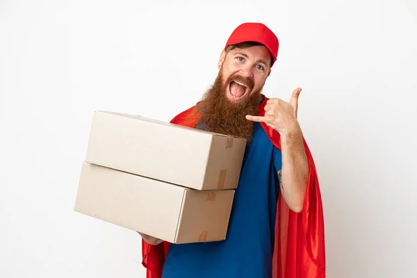 Super Hero Delivery Reddish Man Isolated White Background Making Phone — Stock fotografie