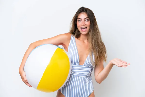 Young Woman Swimsuit Holding Beach Ball Isolated White Background Shocked — Foto de Stock