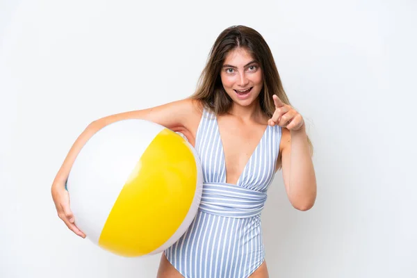 Young Woman Swimsuit Holding Beach Ball Isolated White Background Points — Stockfoto
