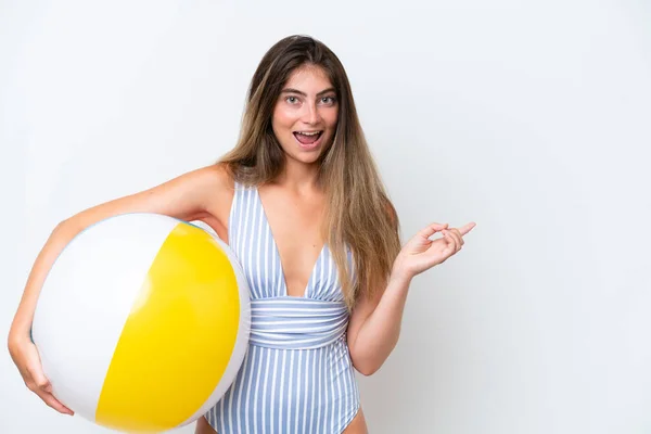 Young Woman Swimsuit Holding Beach Ball Isolated White Background Surprised — Stock Photo, Image