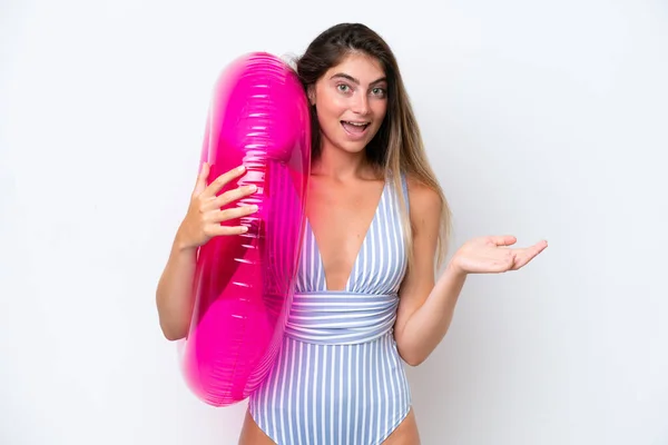 Young Woman Swimsuit Holding Air Mattress Donut Isolated White Background — Zdjęcie stockowe