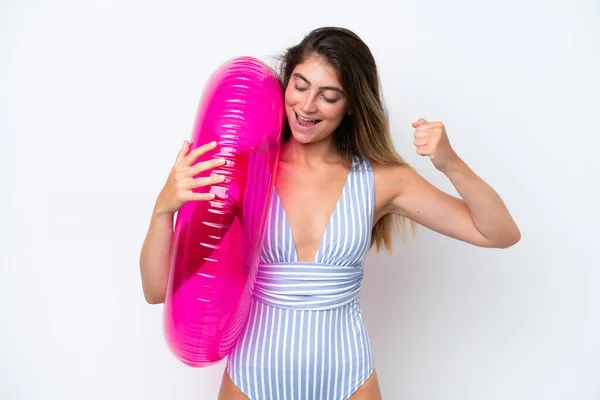 Young Woman Swimsuit Holding Air Mattress Donut Isolated White Background — Foto de Stock