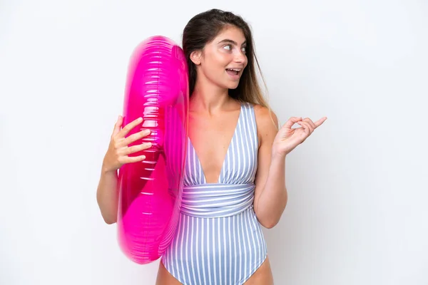 Young Woman Swimsuit Holding Air Mattress Donut Isolated White Background — Foto Stock