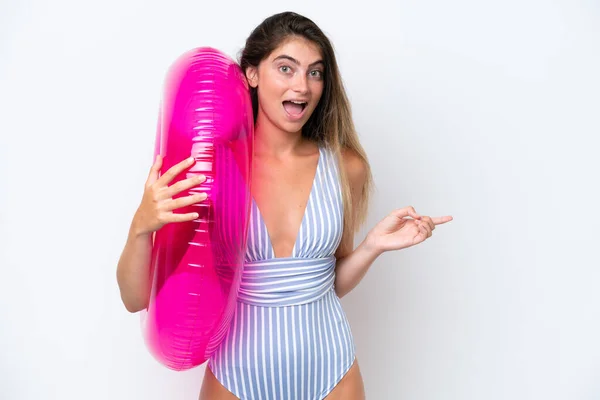 Young Woman Swimsuit Holding Air Mattress Donut Isolated White Background — Photo