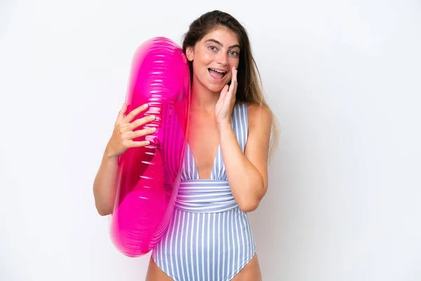 Young Woman Swimsuit Holding Air Mattress Donut Isolated White Background — Photo