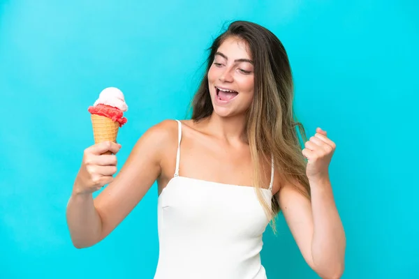 Young Woman Swimsuit Holding Ice Cream Isolated Blue Background Celebrating — 스톡 사진