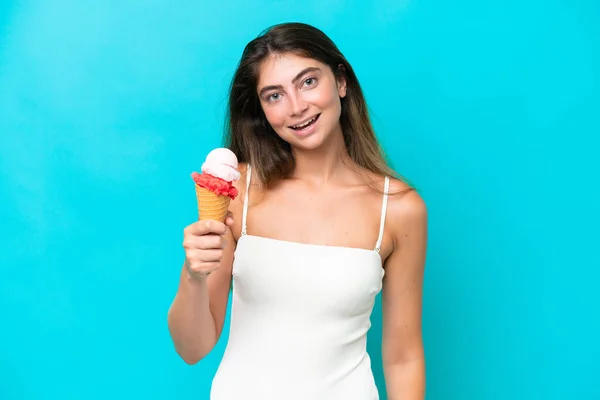 Young Woman Swimsuit Holding Ice Cream Isolated Blue Background Smiling — Fotografia de Stock