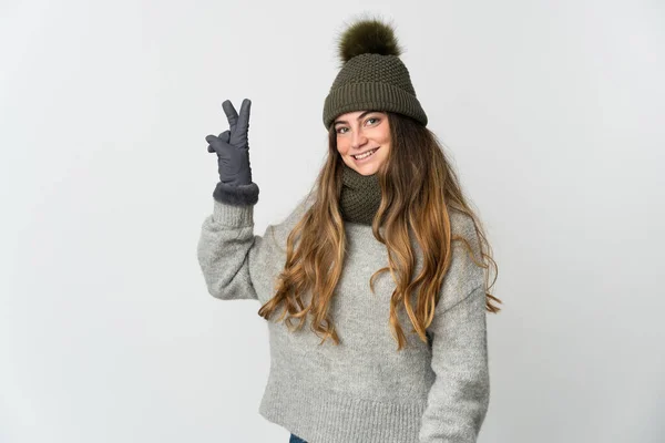 Young Caucasian Woman Winter Hat Isolated White Background Smiling Showing — Stok fotoğraf