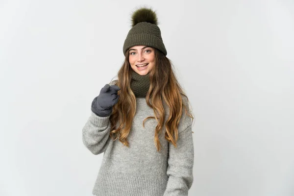 Young Caucasian Woman Winter Hat Isolated White Background Surprised Pointing — Stockfoto