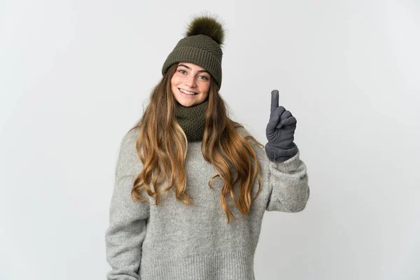 Young Caucasian Woman Winter Hat Isolated White Background Showing Lifting — Stockfoto