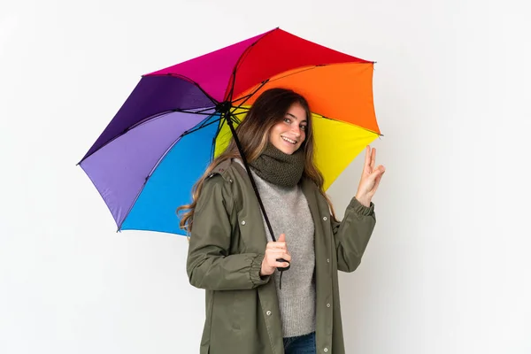 Jeune Femme Caucasienne Tenant Parapluie Isolé Sur Fond Blanc Souriant — Photo