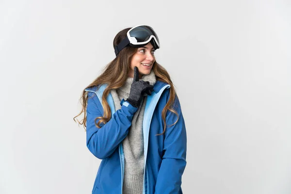 Skier Girl Snowboarding Glasses Isolated White Background Thinking Idea While —  Fotos de Stock