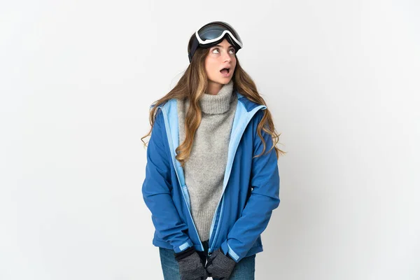Skier Girl Snowboarding Glasses Isolated White Background Looking Surprised Expression — Zdjęcie stockowe