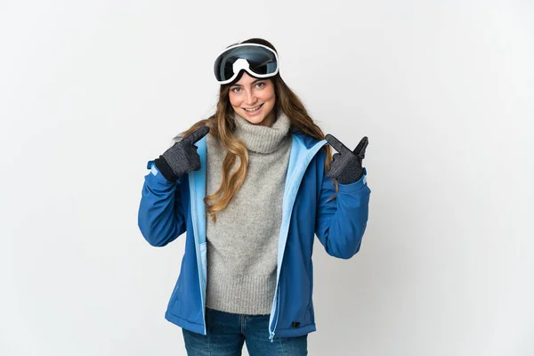Skier Girl Snowboarding Glasses Isolated White Background Giving Thumbs Gesture — Φωτογραφία Αρχείου