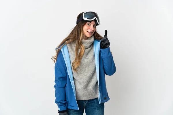 Skier Girl Snowboarding Glasses Isolated White Background Showing Lifting Finger — Φωτογραφία Αρχείου