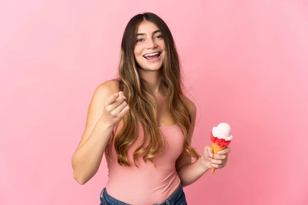 Young Caucasian Woman Cornet Ice Cream Isolated Pink Background Surprised — Stock Photo, Image