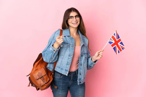 Young Woman Holding United Kingdom Flag Isolated Pink Background Surprised — 스톡 사진
