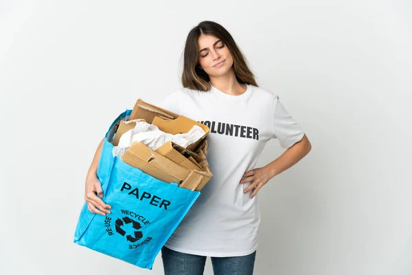 Young Woman Holding Recycling Bag Full Paper Recycle Isolated White — Zdjęcie stockowe