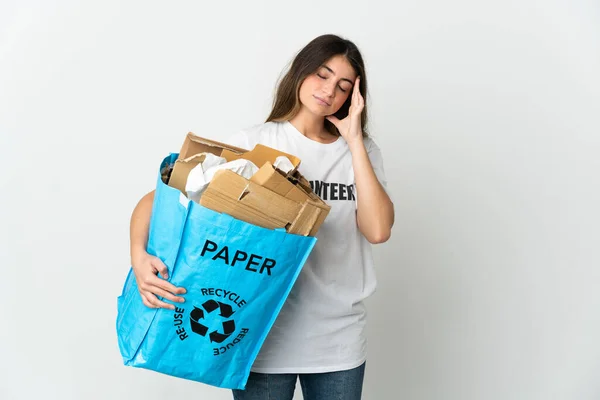 Young Woman Holding Recycling Bag Full Paper Recycle Isolated White — Stockfoto