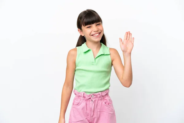 Little Caucasian Kid Isolated White Background Saluting Hand Happy Expression —  Fotos de Stock