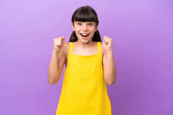 Little Caucasian Kid Isolated Purple Background Celebrating Victory Winner Position — стоковое фото