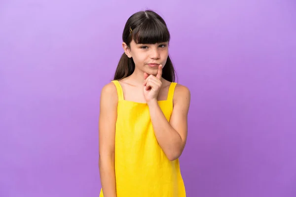 Little Caucasian Kid Isolated Purple Background Thinking — Foto de Stock