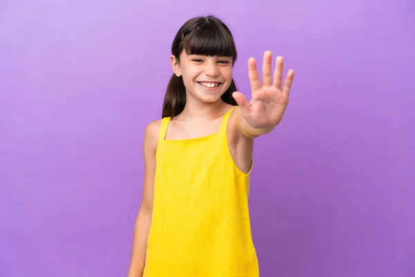 Little Caucasian Kid Isolated Purple Background Counting Five Fingers — 스톡 사진