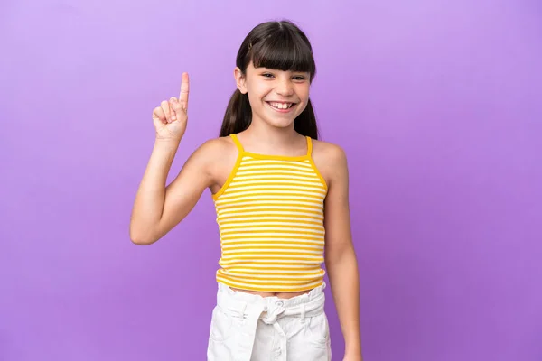 Little Caucasian Kid Isolated Purple Background Pointing Great Idea — Foto Stock