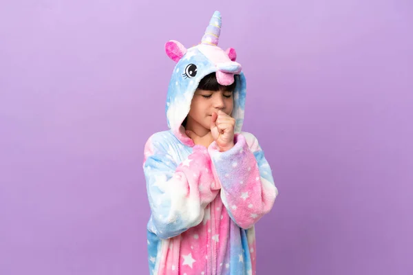 Little Kid Wearing Unicorn Pajama Isolated Purple Background Suffering Cough — Zdjęcie stockowe
