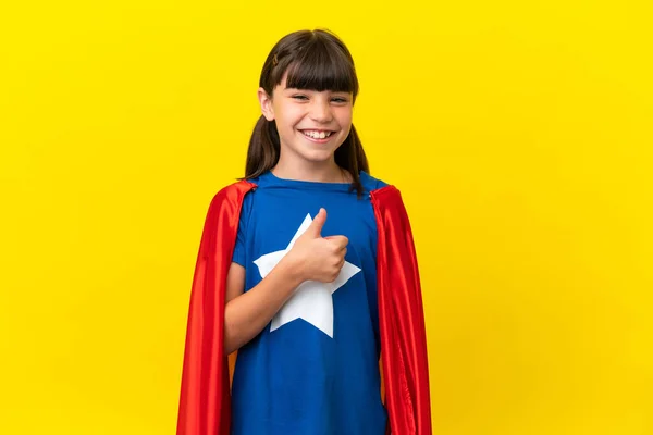 Little Super Hero Kid Isolated Purple Background Giving Thumbs Gesture — Stockfoto