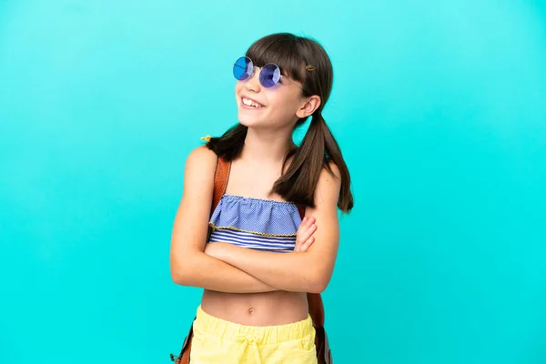 Little Caucasian Kid Going Beach Isolated Blue Background Looking While — Stockfoto