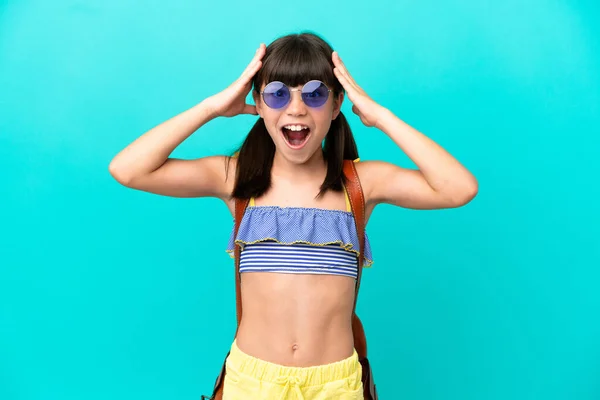 Little Caucasian Kid Going Beach Isolated Blue Background Surprise Expression — Stockfoto