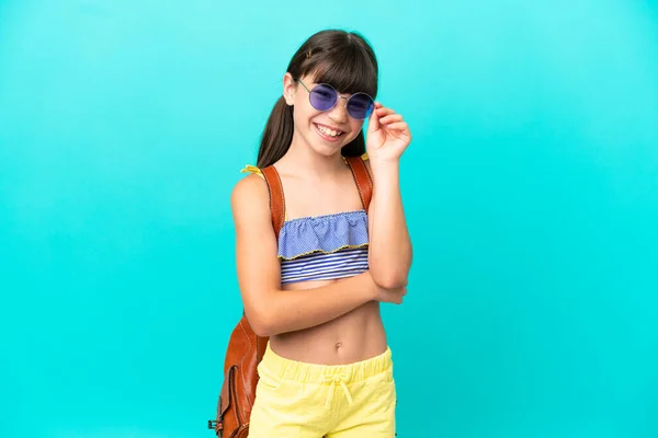 Little Caucasian Kid Going Beach Isolated Blue Background Glasses Happy — Stock Fotó