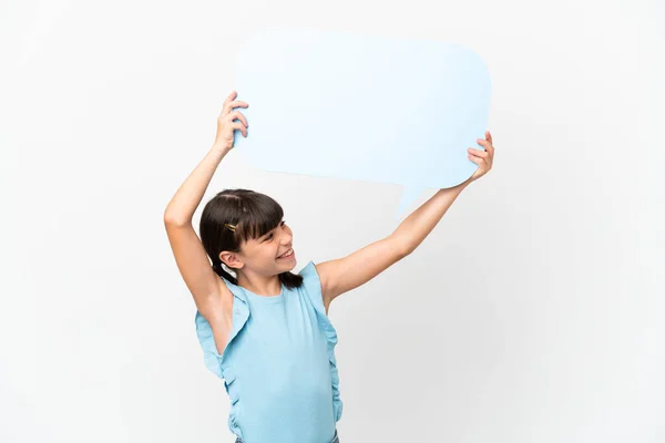 一个白人背景的白人小孩拿着一个空的语音泡泡 — 图库照片