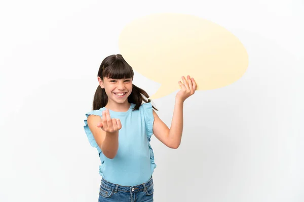 Little Caucasian Kid Isolated White Background Holding Empty Speech Bubble — стоковое фото